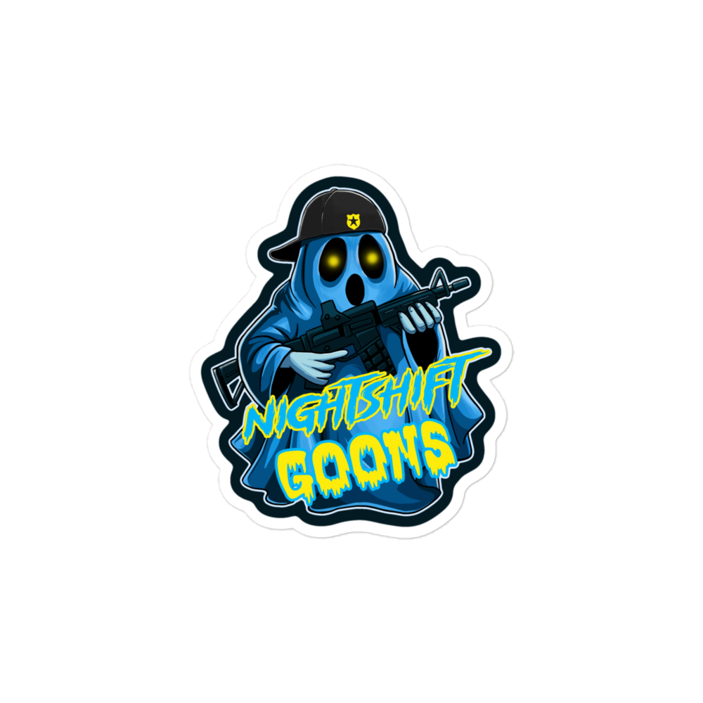 Ghosty logo die-cut vinyl sticker: Ghosty with the Nightshift Goons wordmark