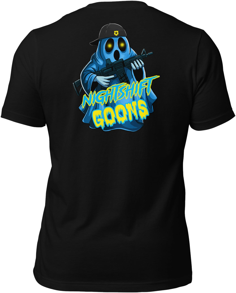 Ghosty Graveyard Shift Cop T-Shirt, back print, in black