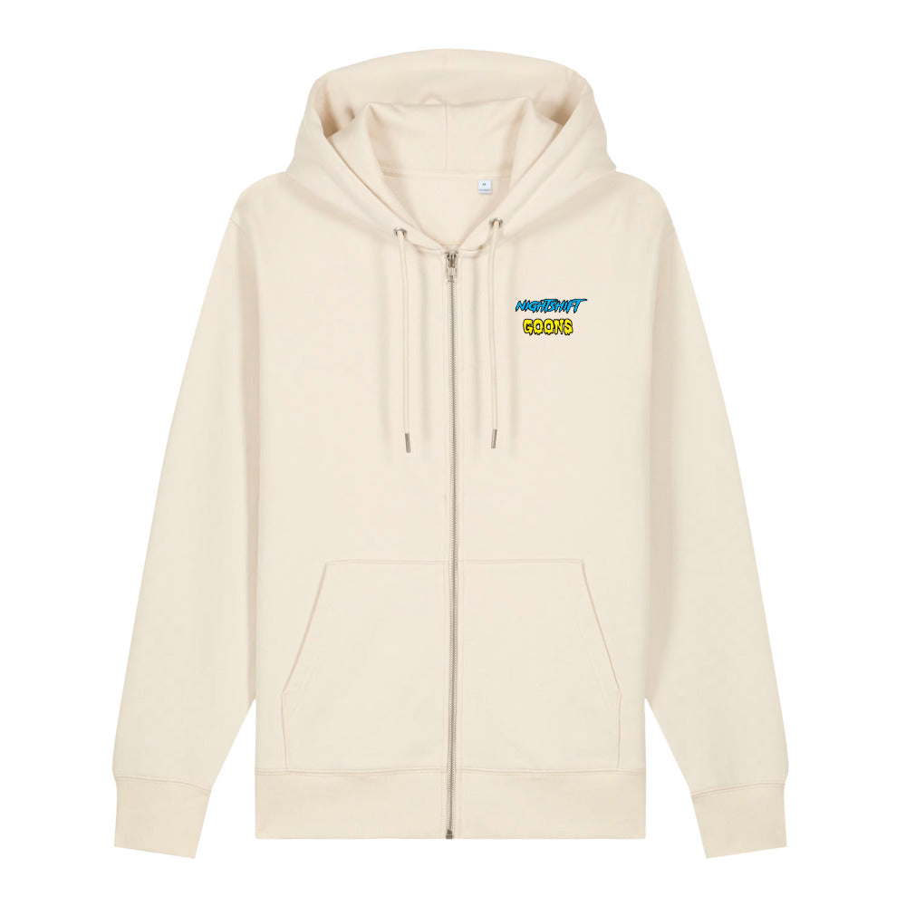 Front of the natural raw Nightshift Goons Wordmark Zip Hoodie with the Nightshift Goons wordmark on the left chest