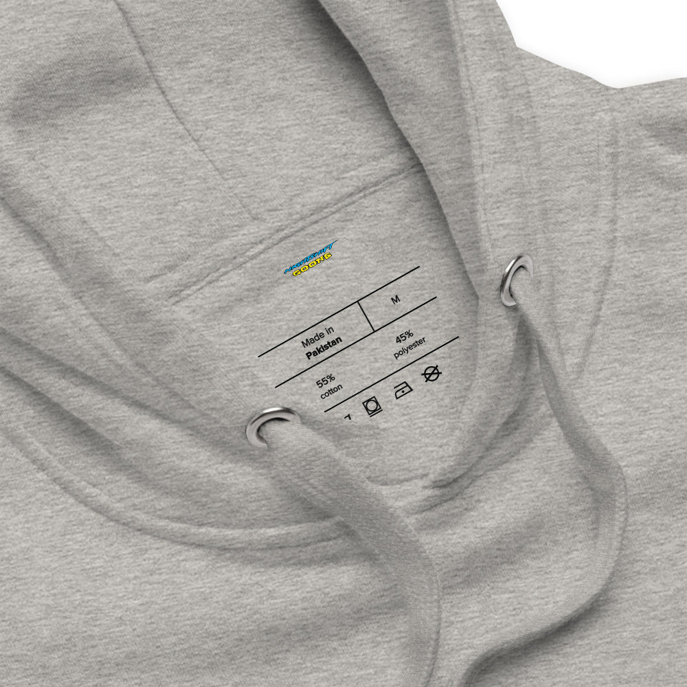 Inside neck label of the Cigar Ghosty Graveyard Shift Cop Hoodie with the Nightshift Goons wordmark, size and fabric details