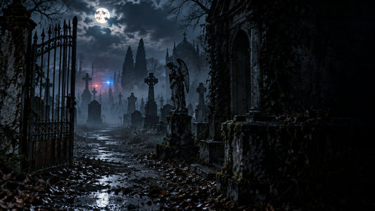 Moonlit cemetery gate at night with police lights in the distance, Nightshift Goons gift guide for new police officers
