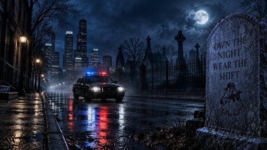 Crown Victoria police cruiser on a rainy night street beside a cemetery, Nightshift Goons Christmas gifts for cops