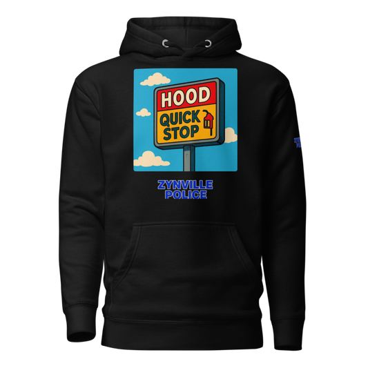 Hood Quick Stop Corner Store Cop Hoodie in black, front view