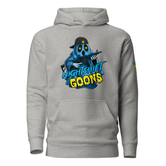 Ghosty Graveyard Shift Cop Hoodie – Light in carbon grey, front view