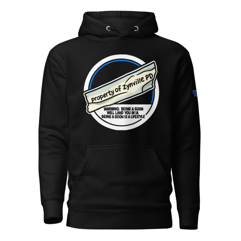 Zynville PD Tin Cop Hoodie in black, front view