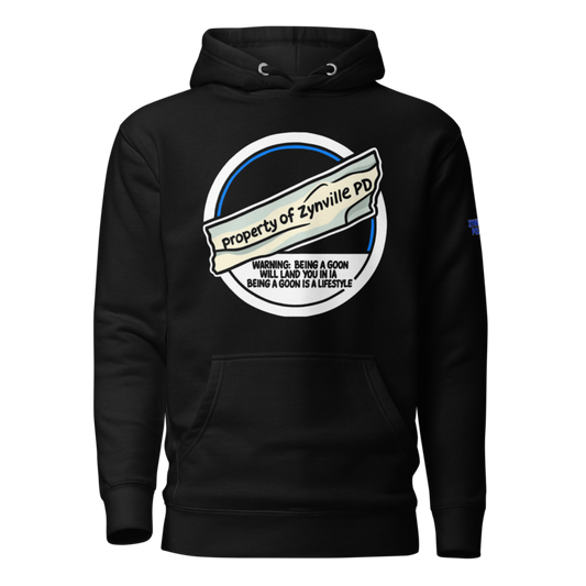 Zynville PD Tin Cop Hoodie in black, front view