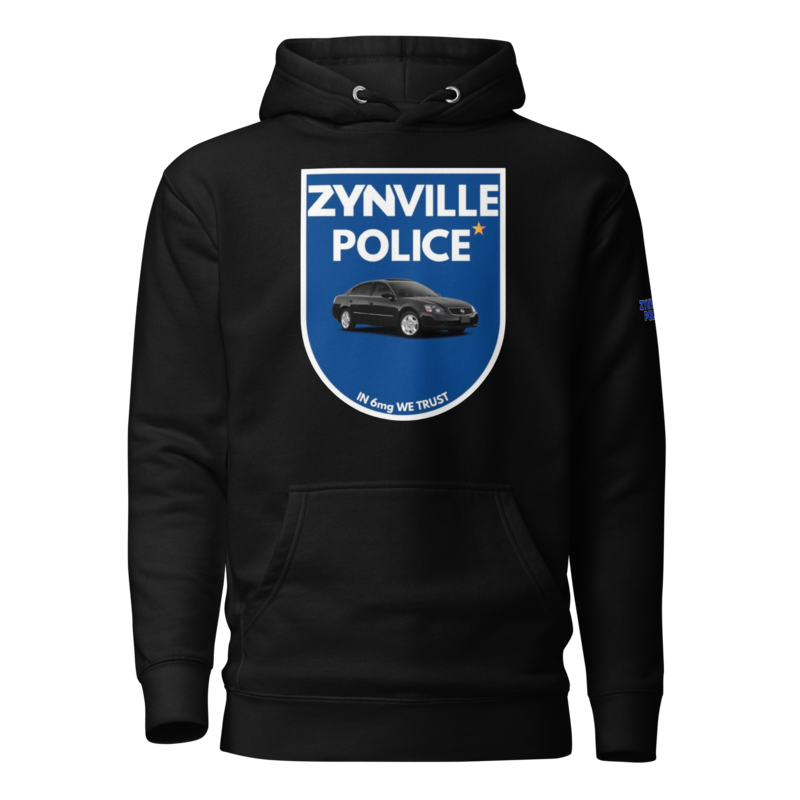 Zynville Police Shield Cop Hoodie in black, front view