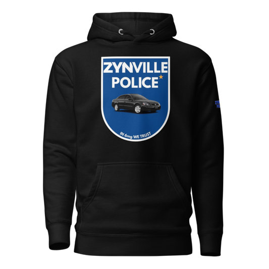 Zynville Police Shield Cop Hoodie in black, front view