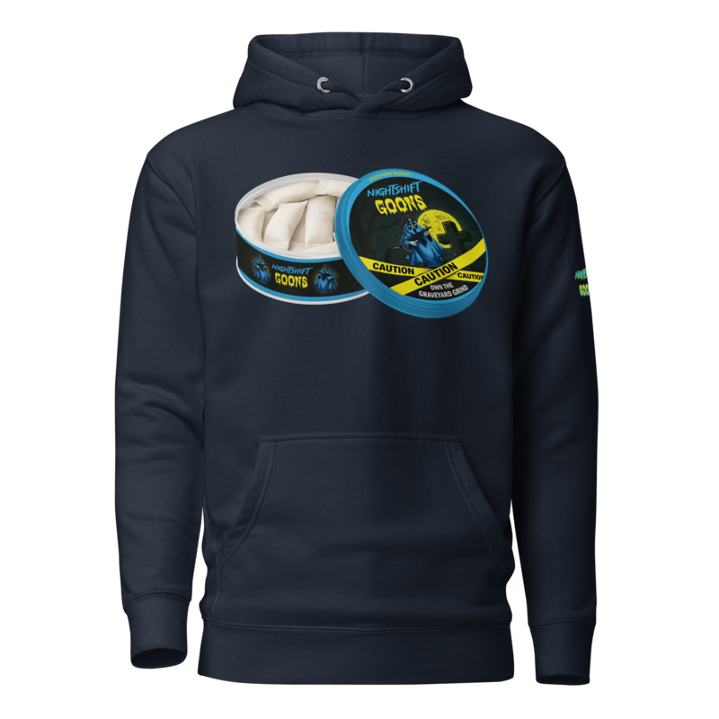 Graveyard Energy Tin Night Shift Cop Hoodie in navy blazer, front view