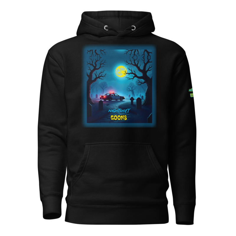Graveyard Goon Moon Night Shift Cop Hoodie in black, front view