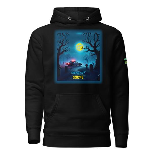 Graveyard Goon Moon Night Shift Cop Hoodie in black, front view