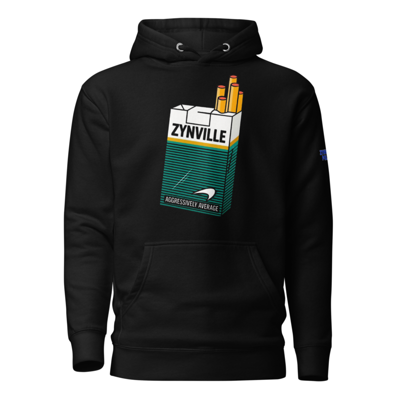 Zynville “Aggressively Average” Cop Hoodie in black, front view