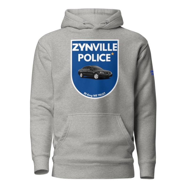 Zynville Police Shield Cop Hoodie in carbon grey, front view