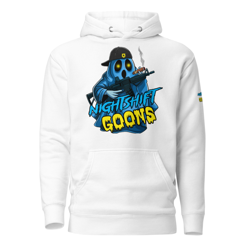 Cigar Ghosty Graveyard Shift Cop Hoodie in white, front view