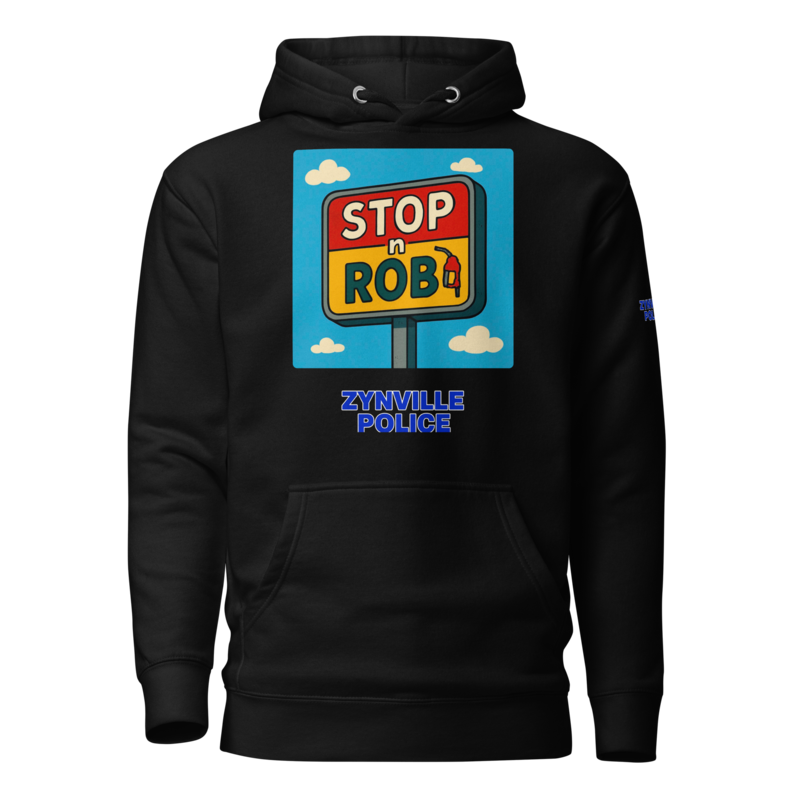 Stop n Rob Corner Store Cop Hoodie – Sky in black, front view