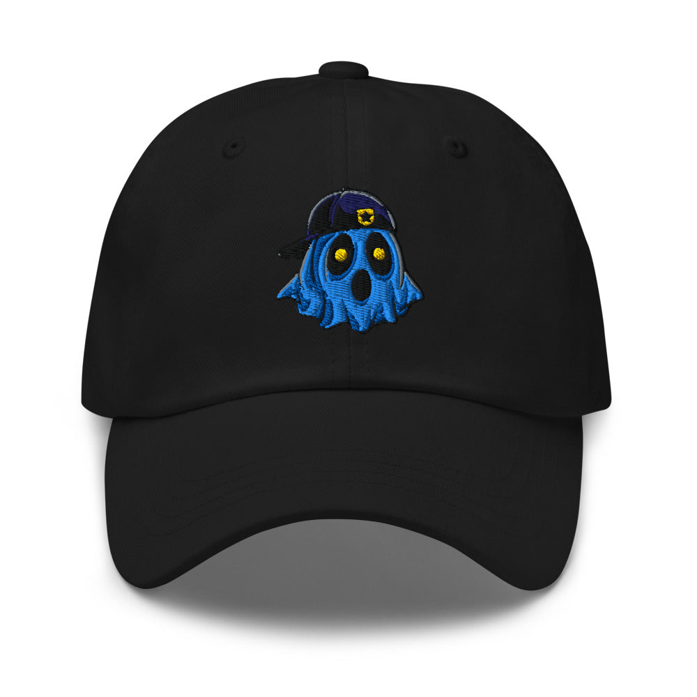 Ghosty embroidered cop dad hat in black, front view