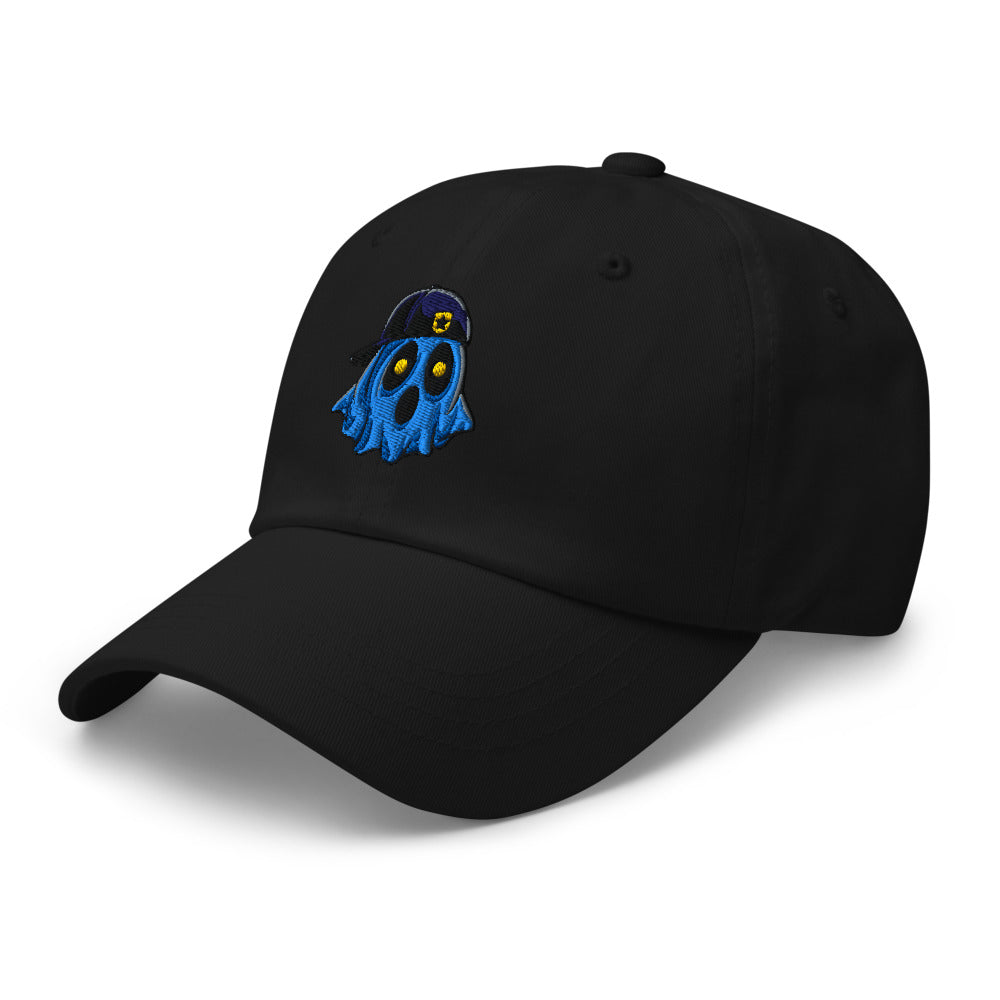 Ghosty embroidered dad hat in black, left front angle