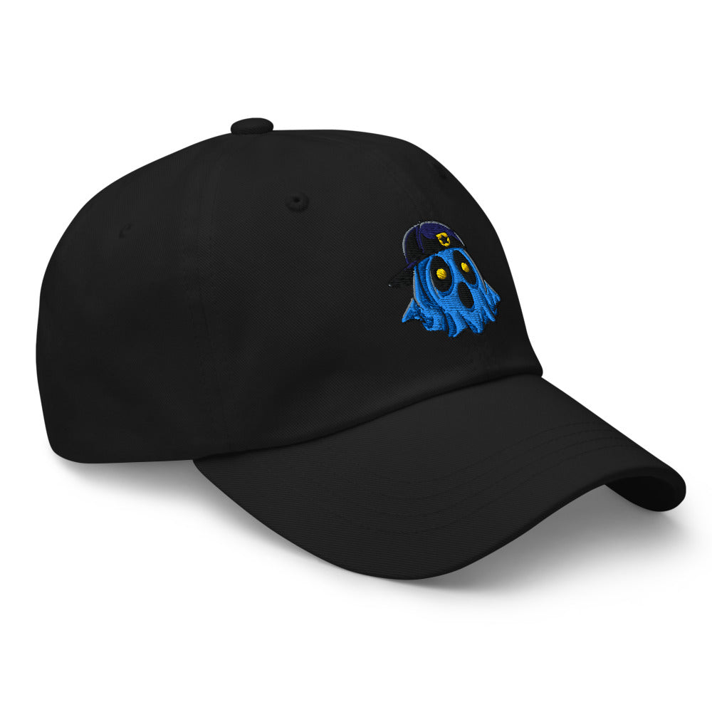 Ghosty embroidered dad hat in black, right front angle