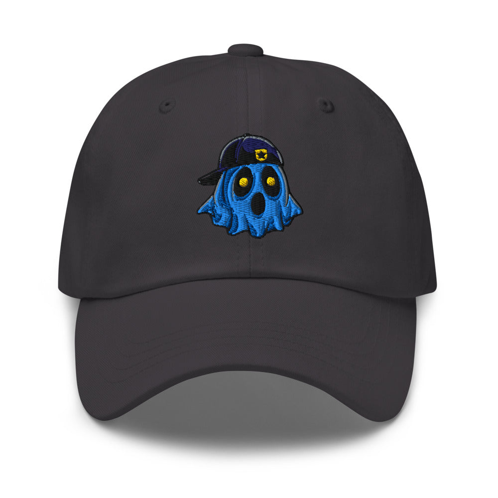 Ghosty embroidered cop dad hat in dark grey, front view