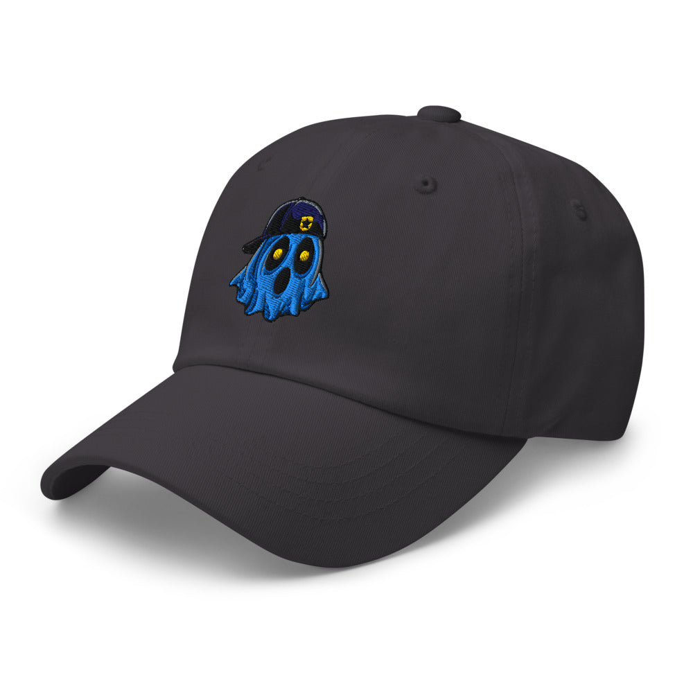 Ghosty embroidered dad hat in dark grey, left front angle