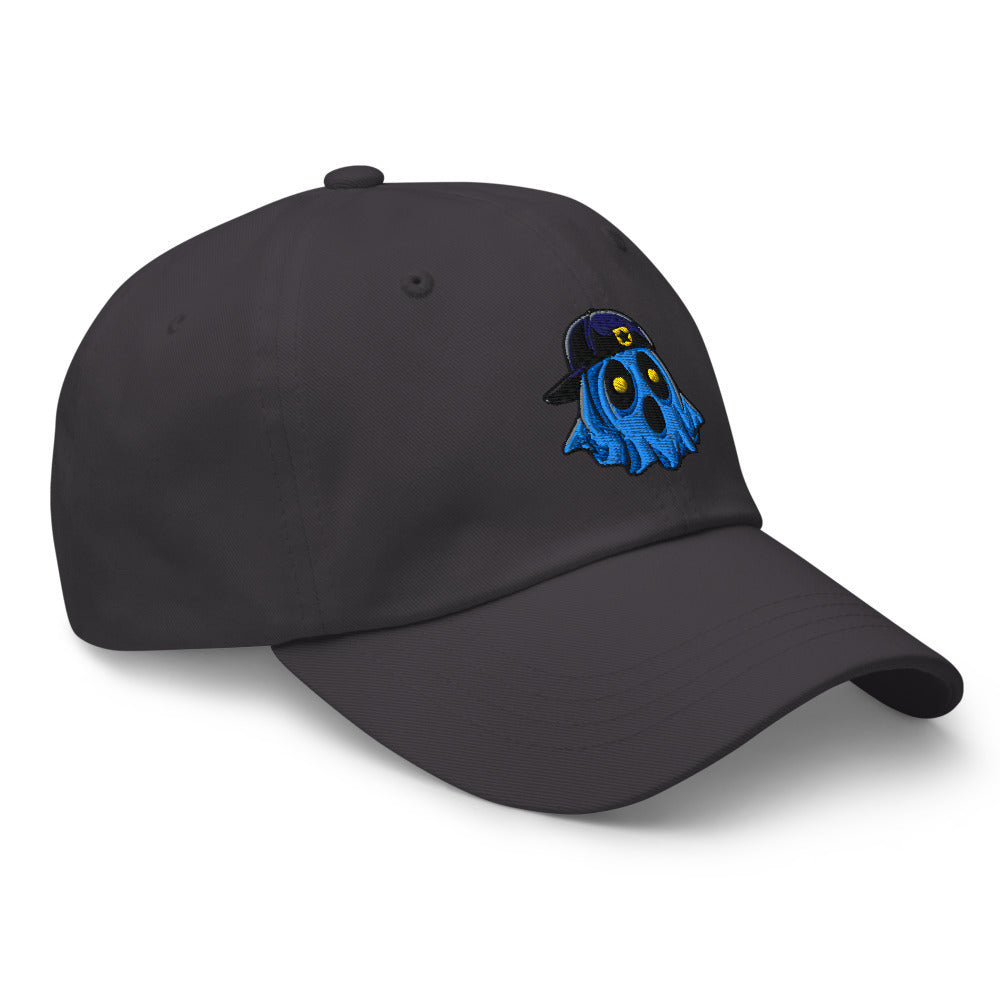 Ghosty embroidered dad hat in dark grey, right front angle
