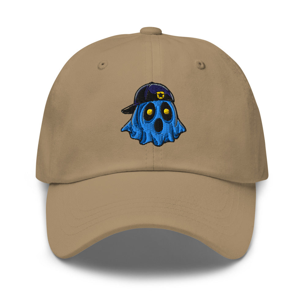 Ghosty embroidered cop dad hat in khaki, front view
