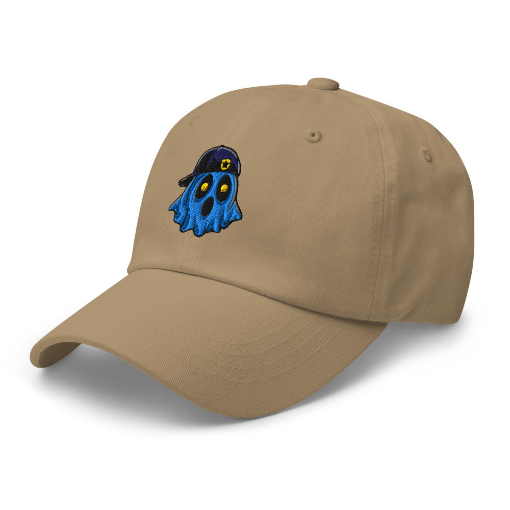 Ghosty embroidered dad hat in khaki, left front angle