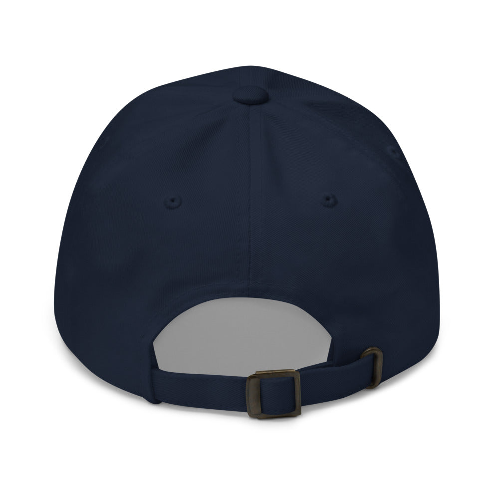 Navy dad hat back with adjustable strap and antique buckle