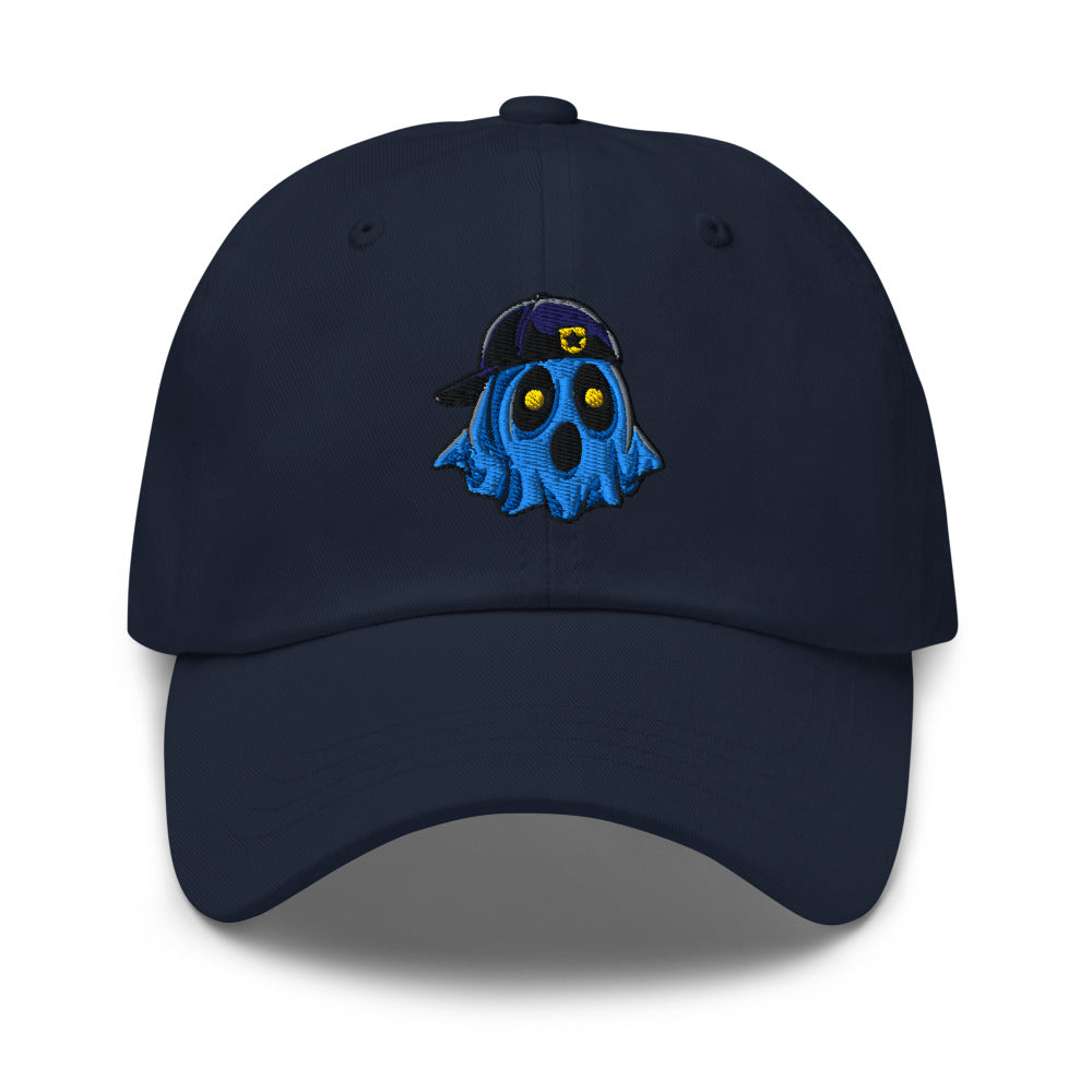 Ghosty embroidered cop dad hat in navy, front view