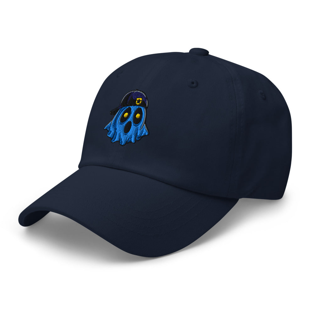 Ghosty embroidered dad hat in navy, left front angle