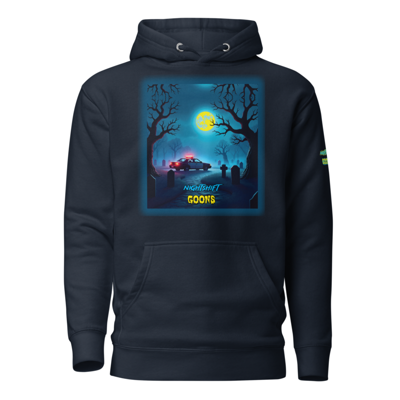 Graveyard Goon Moon Night Shift Cop Hoodie in navy blazer, front view