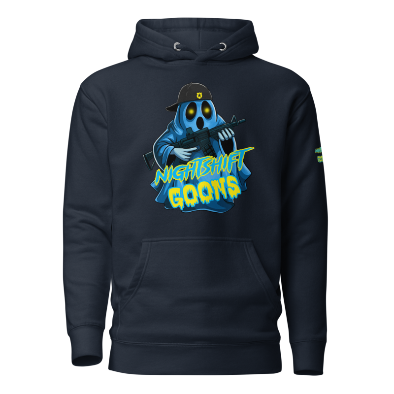 Ghosty Graveyard Shift Cop Hoodie in navy blazer, front view