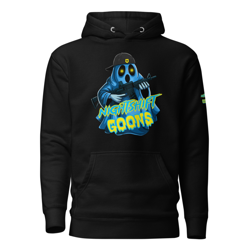 Ghosty Graveyard Shift Cop Hoodie in black, front view