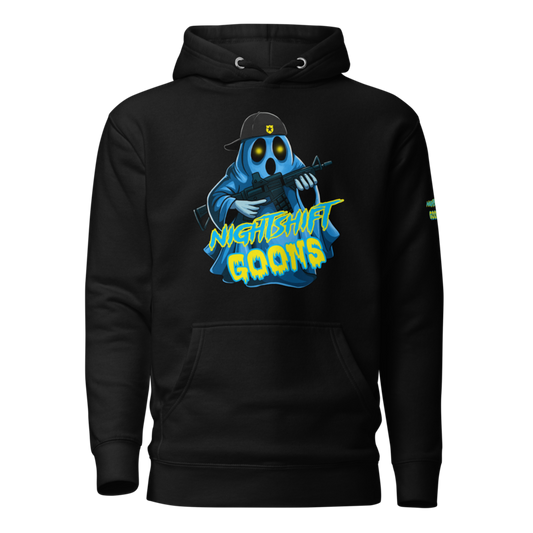 Ghosty Graveyard Shift Cop Hoodie in black, front view