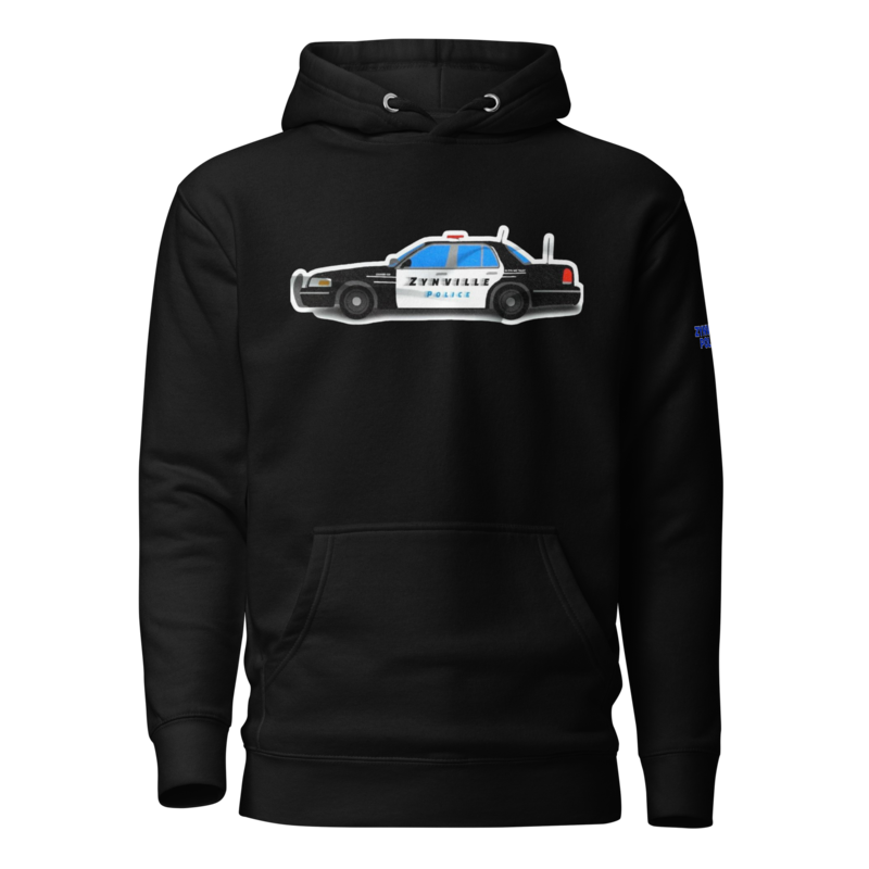 Zynville Police Crown Vic Cruiser Hoodie in black, front view