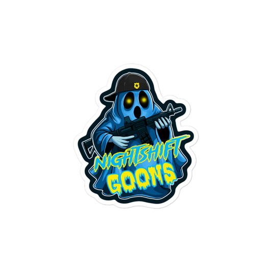 Ghosty logo die-cut vinyl sticker: Ghosty with the Nightshift Goons wordmark
