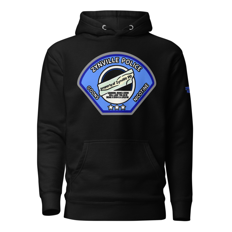 Zynville Police Patch Cop Hoodie in black, front view