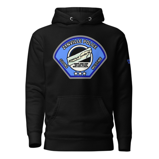 Zynville Police Patch Cop Hoodie in black, front view
