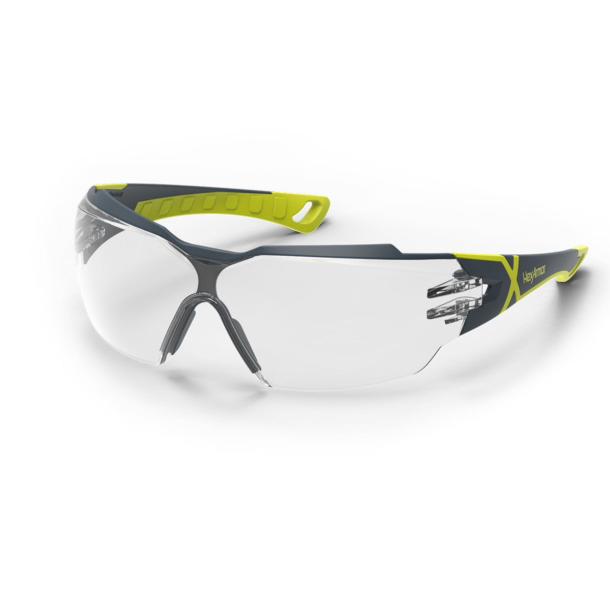 HexArmor MX300 safety glasses, clear lens, front three-quarter view