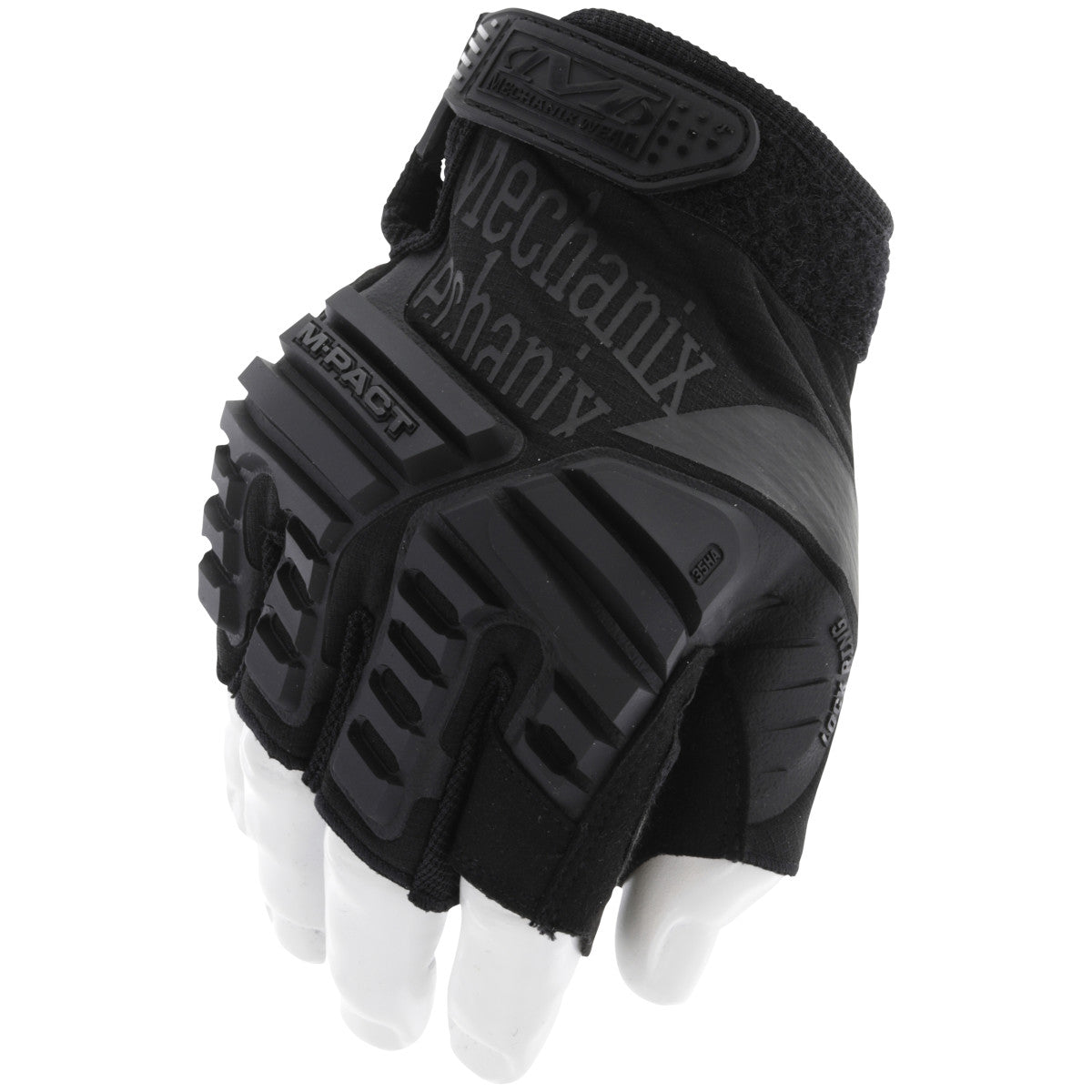 Mechanix M-Pact Fingerless glove, black, back of hand with TPR knuckle armor