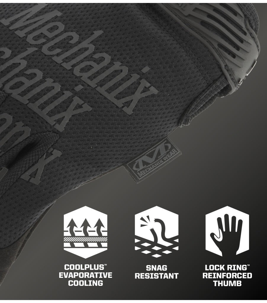 Mechanix Original Covert features: CoolPlus cooling, snag-resistant mesh, Lock Ring reinforced thumb