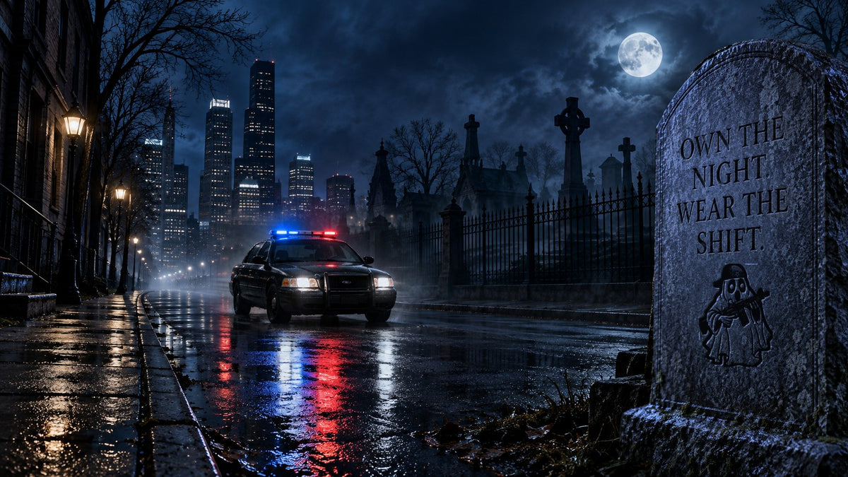A police cruiser with its lights on in a wet city street at night, beside a cemetery fence and a gravestone carved Own the night. Wear the shift.