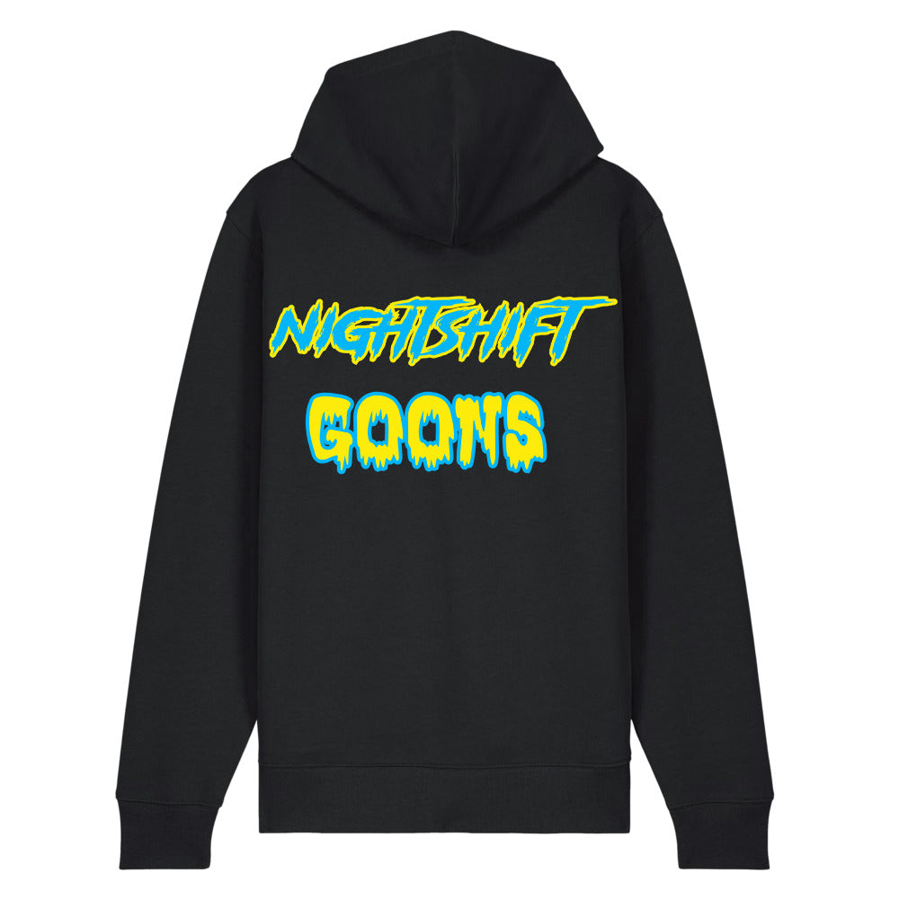 Back of the black Nightshift Goons Wordmark Zip Hoodie with the full-width wordmark printed across the back