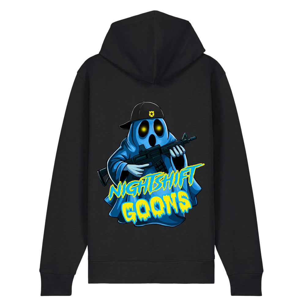 Back of the black Ghosty Graveyard Shift Cop Zip Hoodie with Ghosty printed across the back