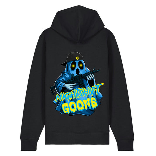 Back of the black Ghosty Graveyard Shift Cop Zip Hoodie with Ghosty printed across the back