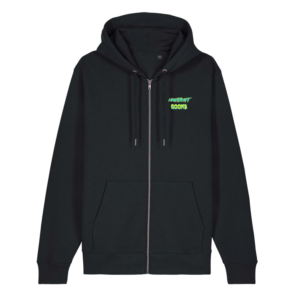 Front of the black Nightshift Goons Wordmark Zip Hoodie with the Nightshift Goons wordmark on the left chest