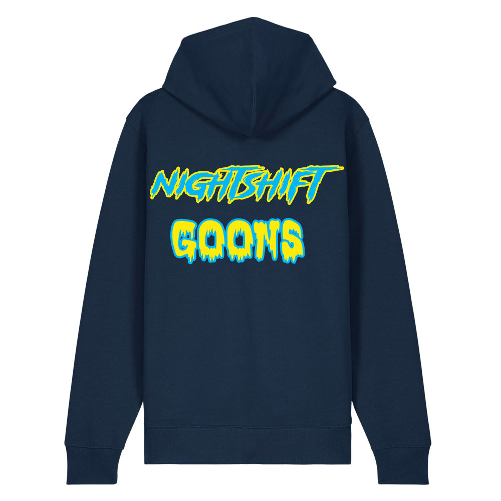 Back of the french navy Nightshift Goons Wordmark Zip Hoodie with the full-width wordmark printed across the back