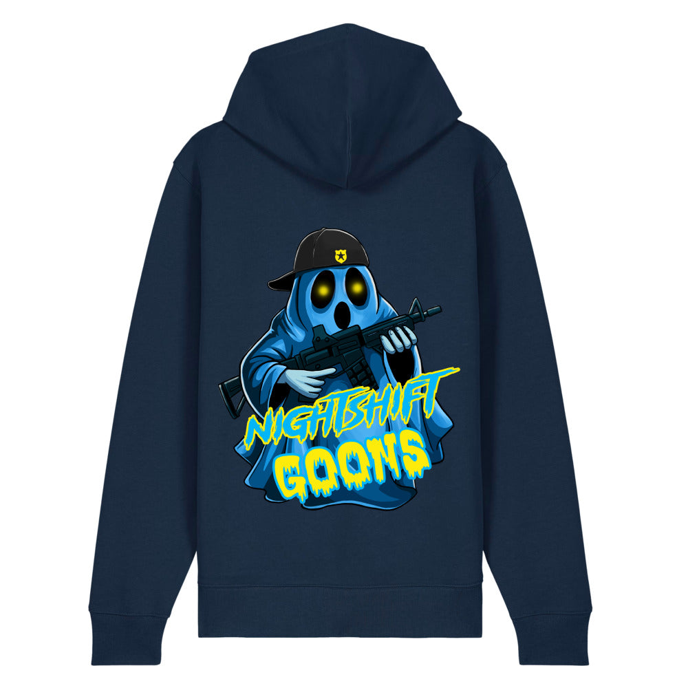 Back of the french navy Ghosty Graveyard Shift Cop Zip Hoodie with Ghosty printed across the back