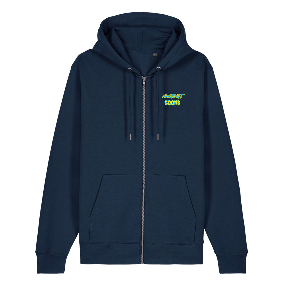 Front of the french navy Nightshift Goons Wordmark Zip Hoodie with the Nightshift Goons wordmark on the left chest