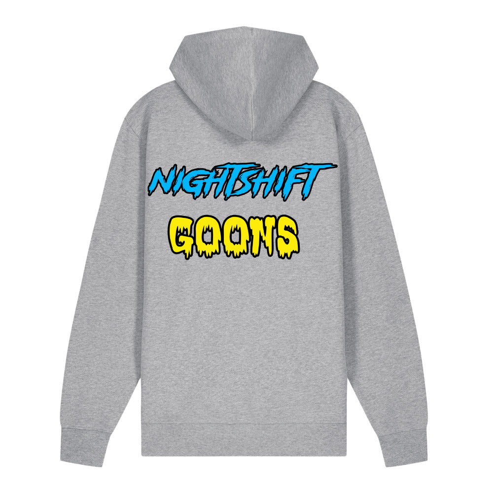 Back of the heather grey Nightshift Goons Wordmark Zip Hoodie with the full-width wordmark printed across the back